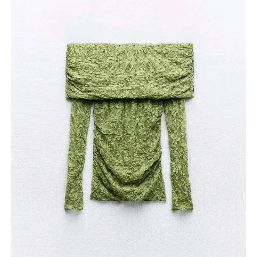Zara Off The Shoulder Long Sleeve Lace Top Green Size M NWOT